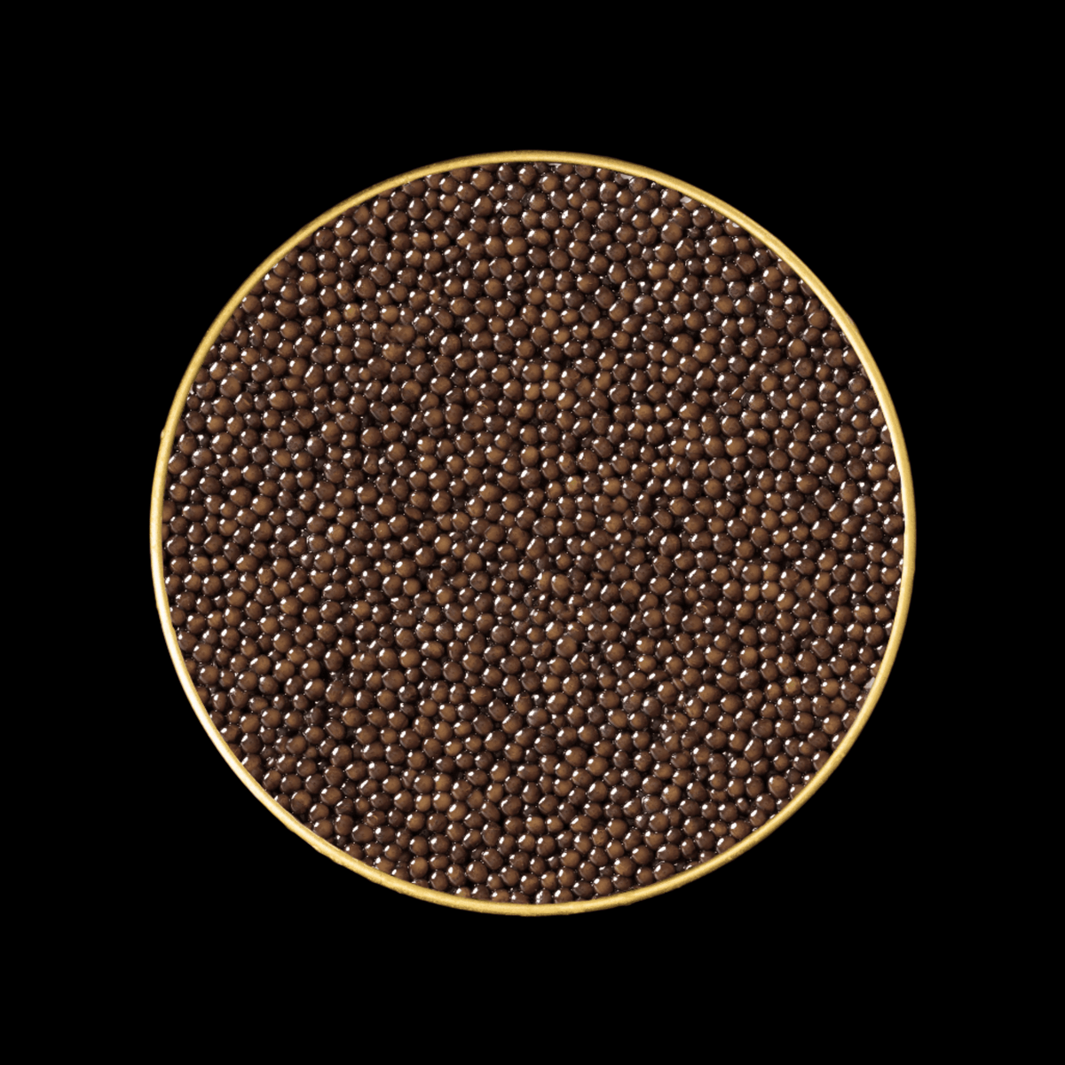 Top-down view of Imperia Limited Edition Amur Caviar showing dense, dark chocolate-brown pearls in a gold-rimmed tin.