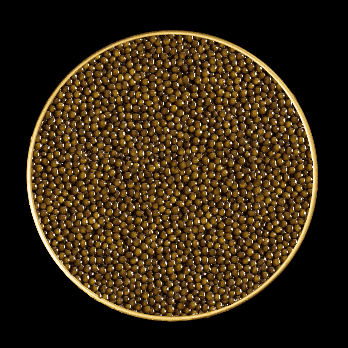 Top-down view of Imperia Kaluga Hybrid Reserve Caviar showing large, dark amber-brown pearls in a gold-rimmed tin.