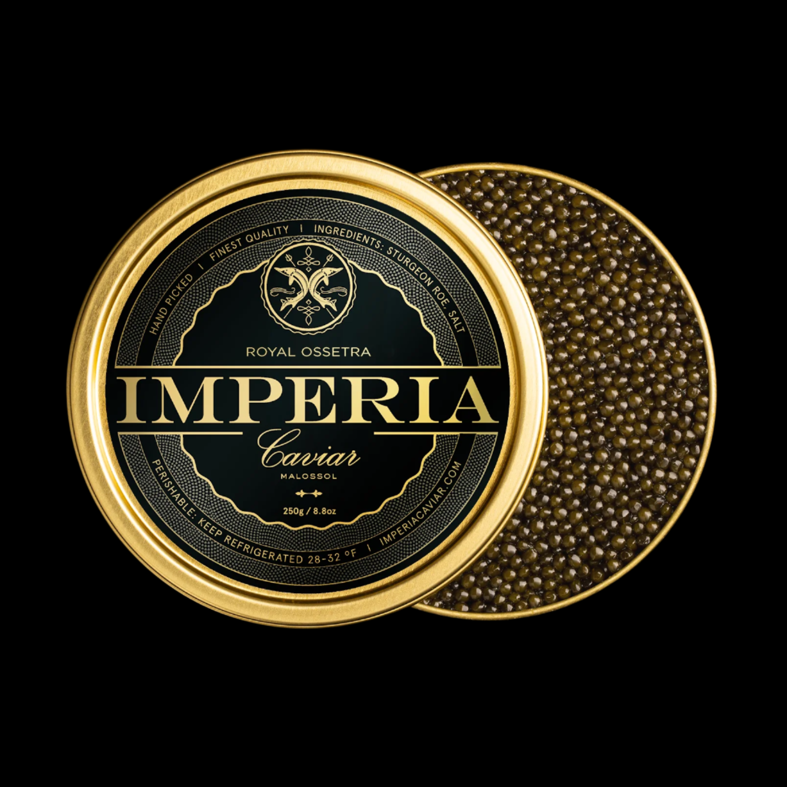 Open 250g tin of Imperia Royal Ossetra Caviar with dark olive pearls and branded black and gold lid on a black background.