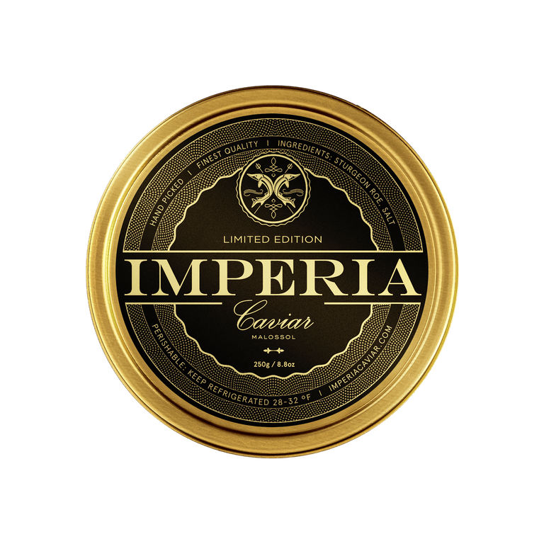 Imperia Limited Edition Caviar 250g closed tin showing the black and gold label on a white background.