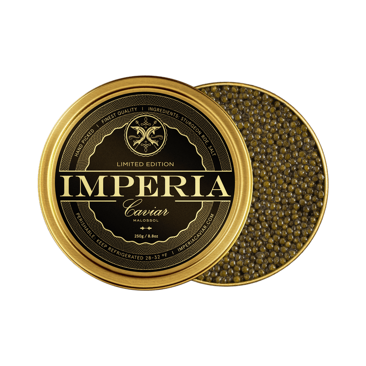 Open 250g tin of Imperia Limited Edition Caviar with golden-olive pearls and branded lid on a white background.