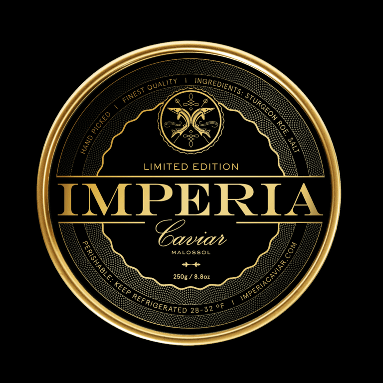 Close-up of the Imperia Limited Edition Caviar 250g tin lid showing the black and gold label on a black background.