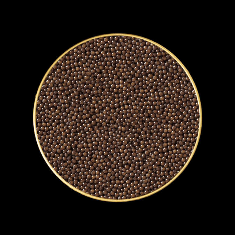 Top-down view of Imperia Limited Edition Amur Caviar showing dense, dark chocolate-brown pearls in a gold-rimmed tin.