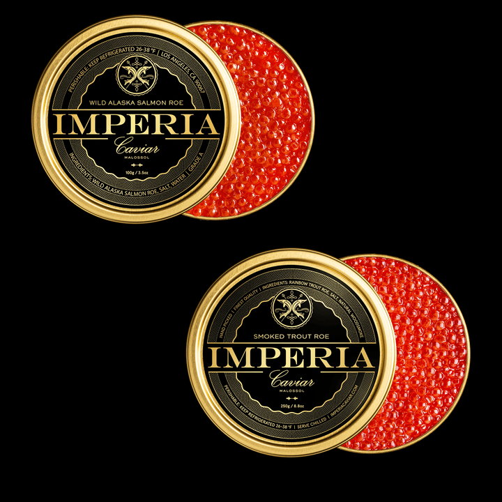 Two open Imperia tins of Wild Alaska Salmon Roe and Smoked Trout Roe with branded lids on a black background.