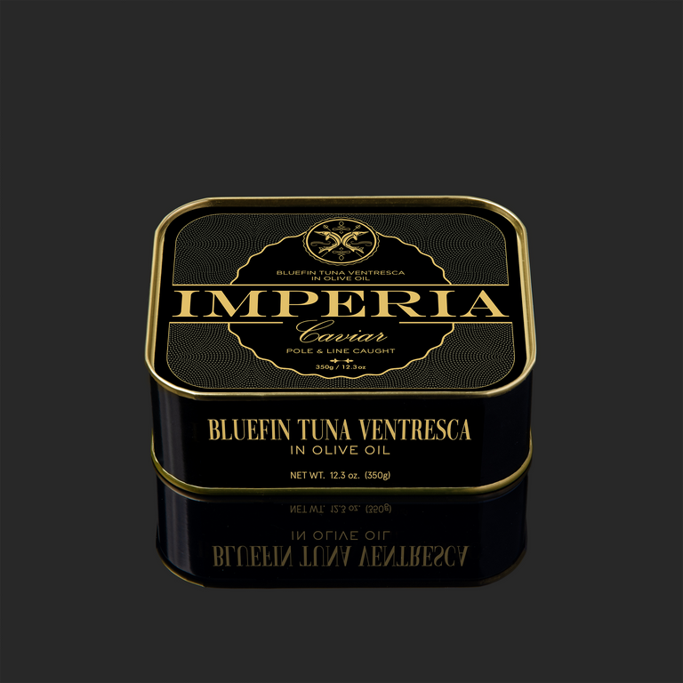 a top view of imperia bluefin tuna in a closed tin