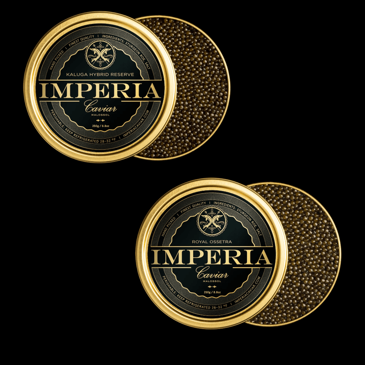 Two open Imperia tins of Kaluga Hybrid Reserve and Royal Ossetra with branded lids showing pearls on a black background.