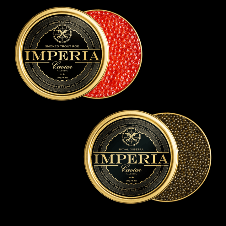 Two open Imperia tins of Smoked Trout Roe and Royal Ossetra with branded lids on a black background.