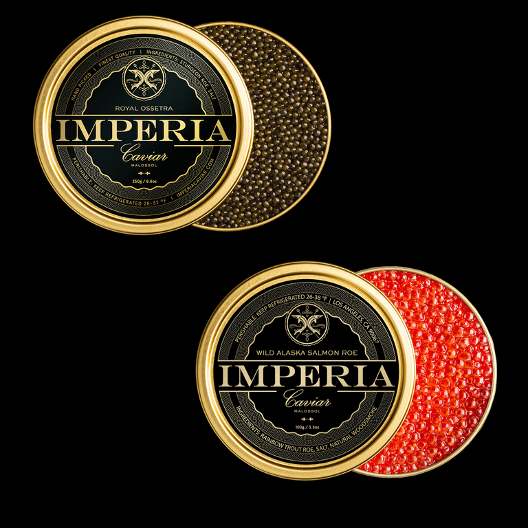 Two open Imperia tins of Royal Ossetra and Wild Alaska Salmon Roe with branded lids on a black background.