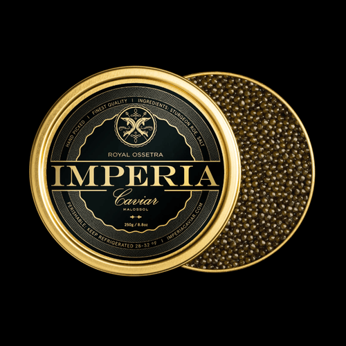Open 250g tin of Imperia Royal Ossetra Caviar with dark olive pearls and branded black and gold lid on a black background.