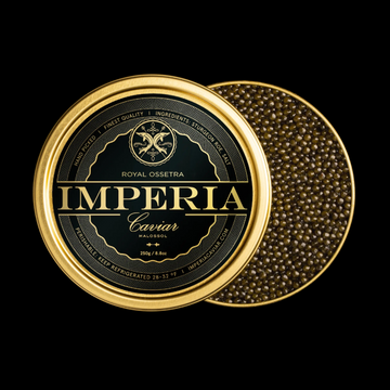 Open 250g tin of Imperia Royal Ossetra Caviar with dark olive pearls and branded black and gold lid on a black background.