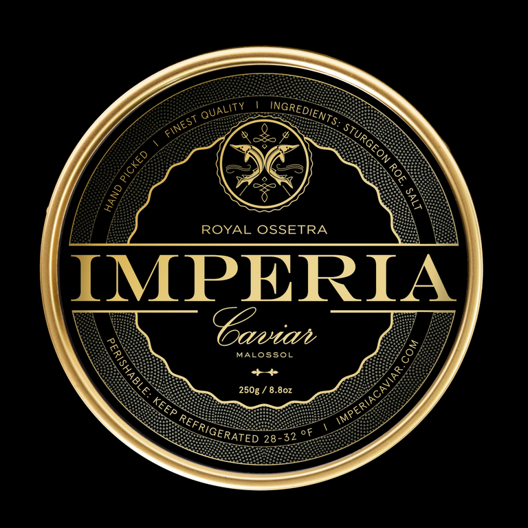 Close-up of the Imperia Royal Ossetra Caviar 250g tin lid showing the black and gold label on a black background.