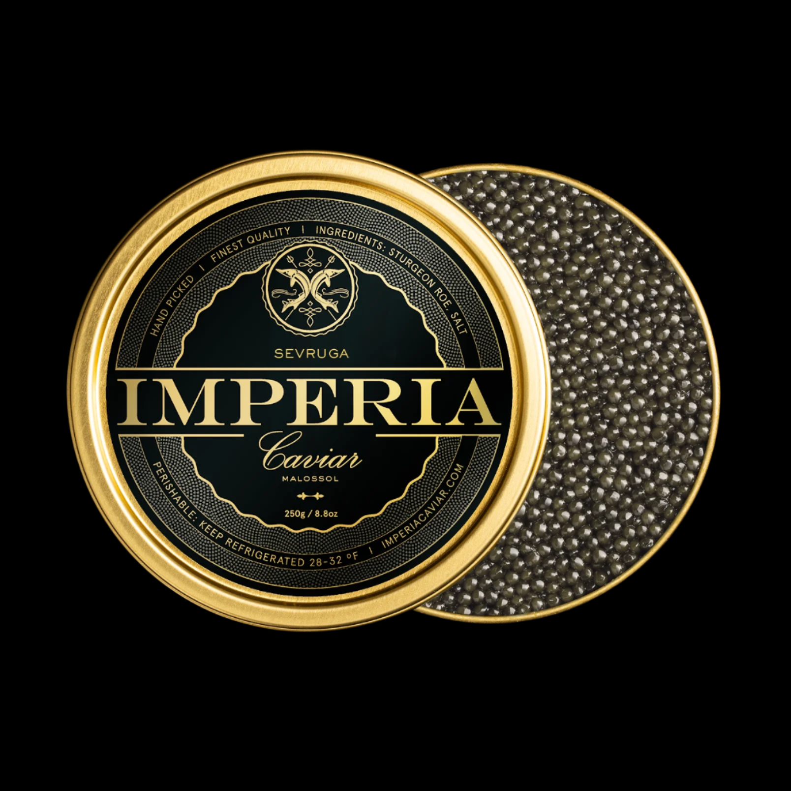 Tin of Imperia Sevruga caviar with opened lid showing black caviar.