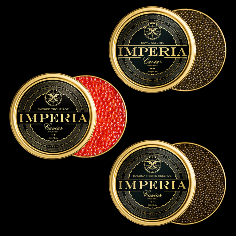 Three Imperia tins with lids: Smoked Trout Roe, Royal Ossetra, and Kaluga Hybrid Reserve on a black background.