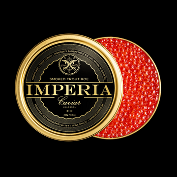 Open Imperia Smoked Trout Roe 250g tin with bright orange-red pearls and branded lid on a black background.