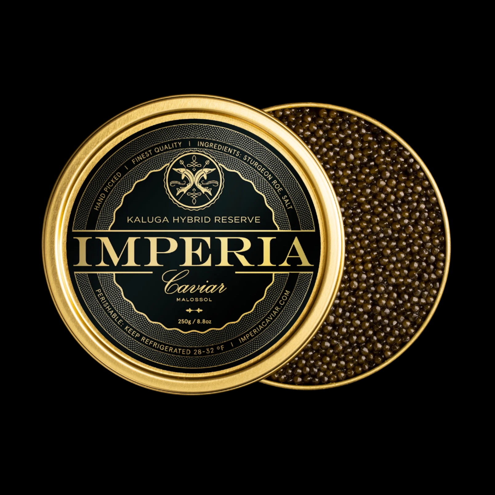Open 250g tin of Imperia Kaluga Hybrid Reserve Caviar with dark amber pearls and branded black and gold lid on a black background.