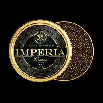 Open 250g tin of Imperia Kaluga Hybrid Reserve Caviar with dark amber pearls and branded black and gold lid on a black background.