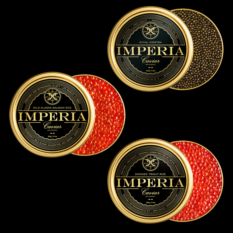 Three Imperia tins with lids: Wild Alaska Salmon Roe, Royal Ossetra, and Smoked Trout Roe on a black background.