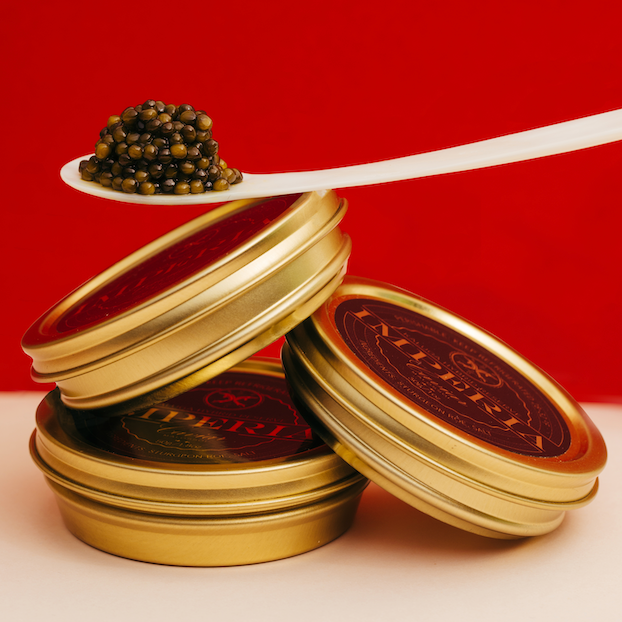 three Caviar tins with spoon on red background