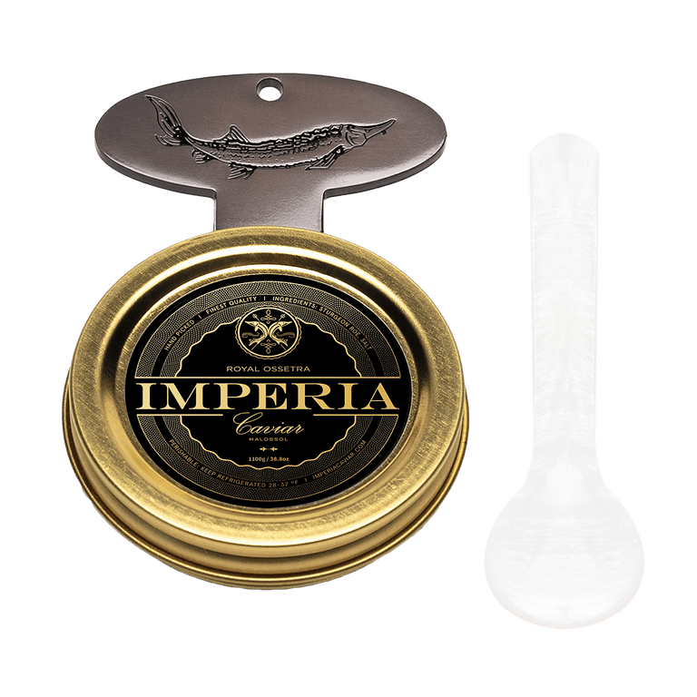 Imperia Royal Ossetra 30g tin with a sturgeon tin key and mother of pearl spoon laid out on a white background.