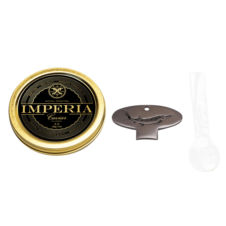 Imperia Royal Ossetra 1100g tin with a sturgeon tin key and mother of pearl spoon on a white background.